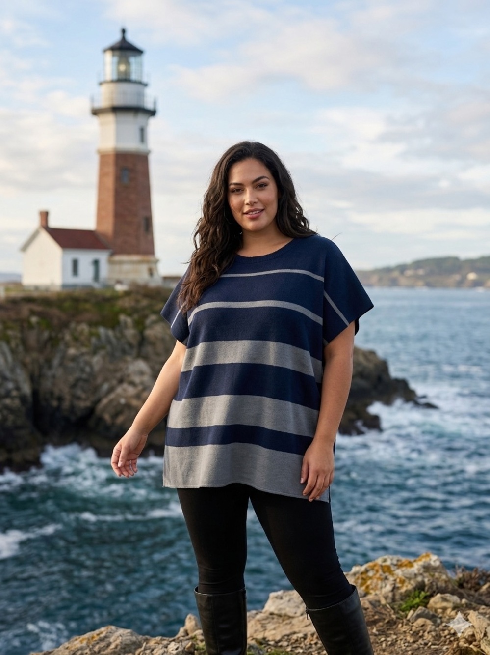 Janice Striped Knit Poncho Short Sleeve Navy Grey OS NWT Beach